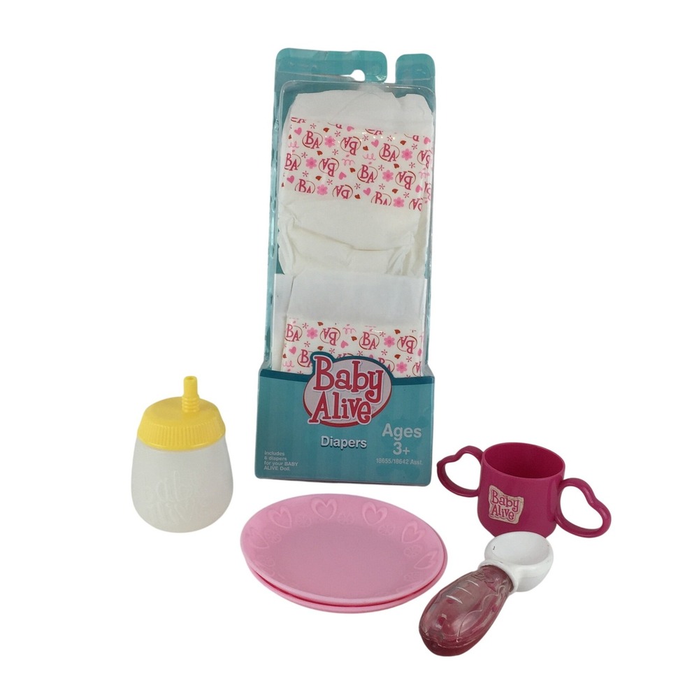 Baby Alive Diapers 6 pack Pink Plates‎ Sippy Cup Yellow Bottle Medicine Spoon